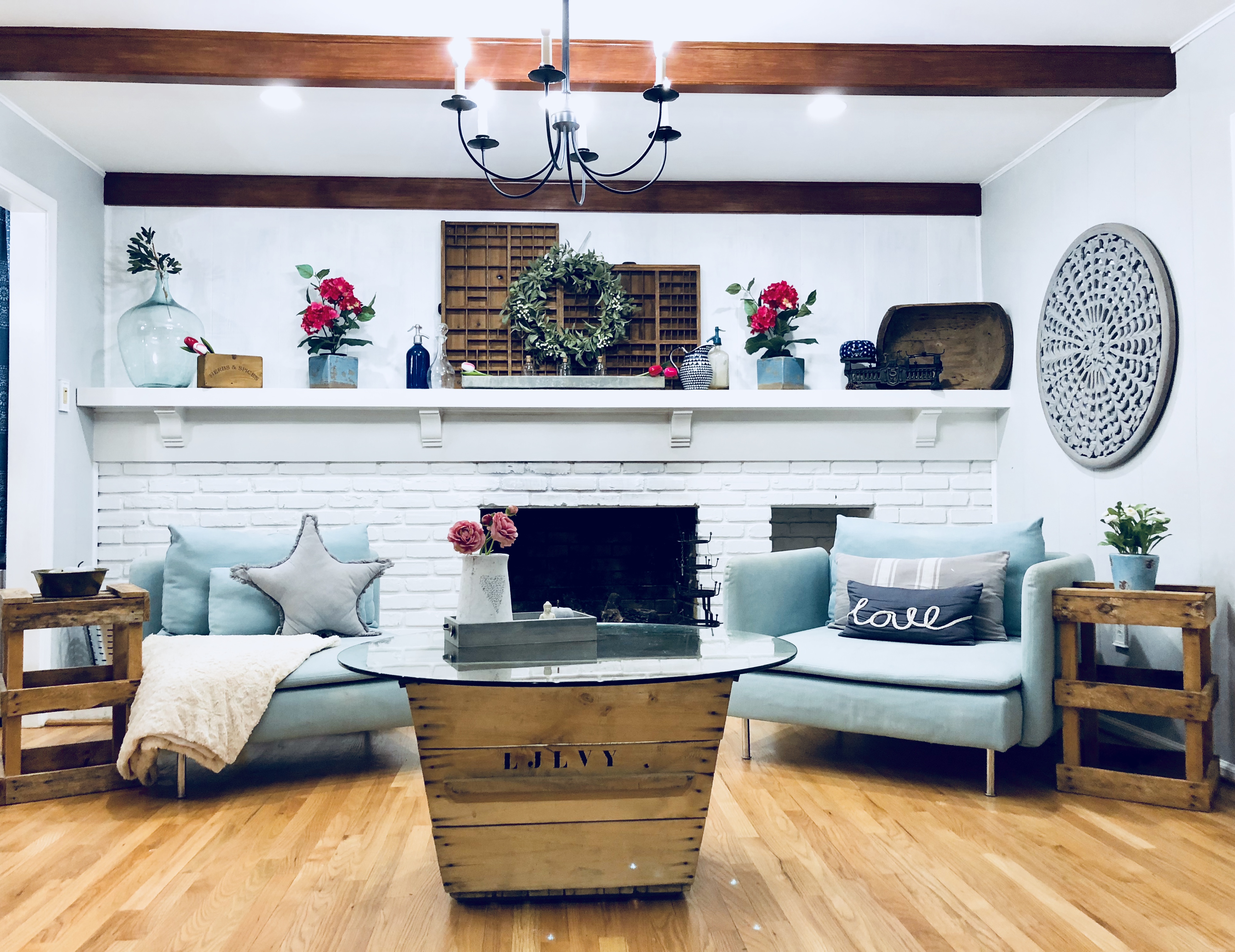 Staging white brick fireplace